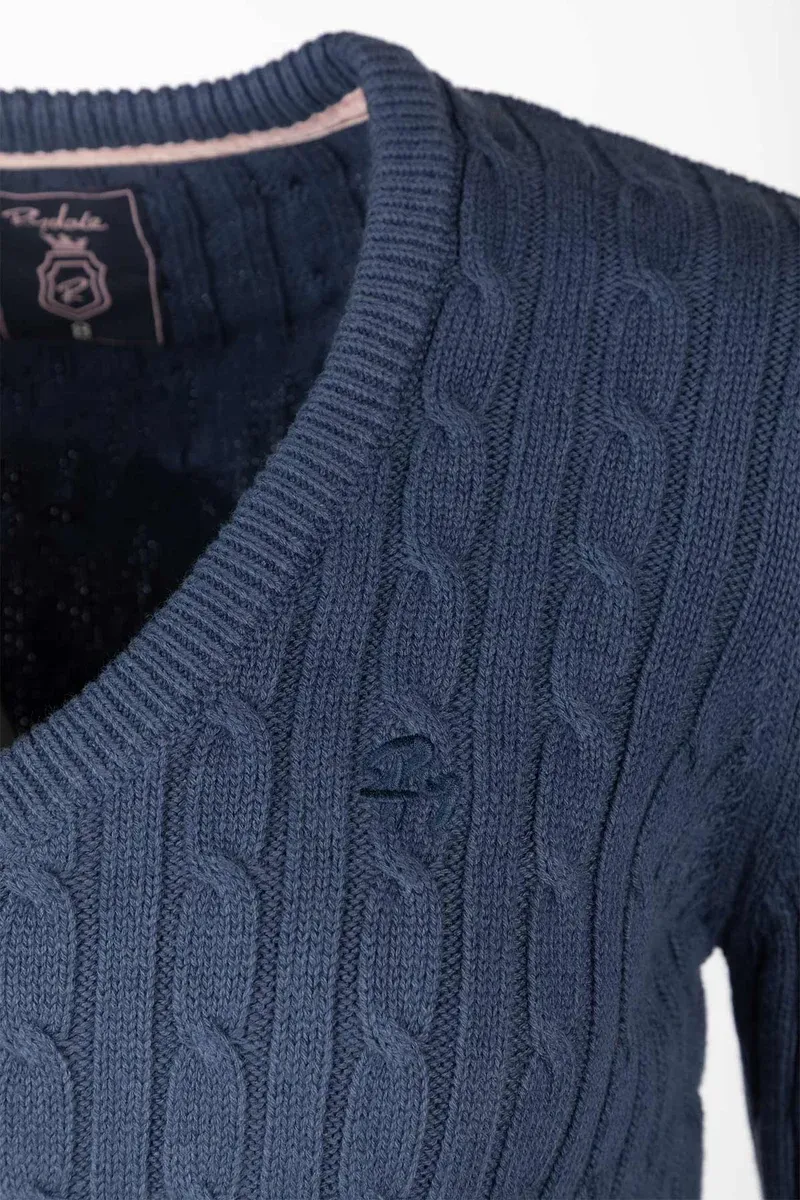 Rydale Ladies V Neck Cable Knit Jumper Emma Navy-8