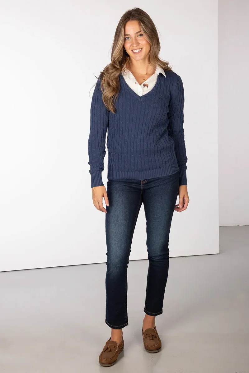 Rydale Ladies V Neck Cable Knit Jumper Emma Navy-5