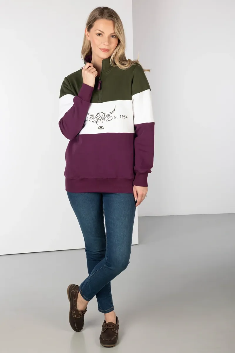 Rydale Ladies Sweatshirt Byland Cow in Olive/White/Berry-4