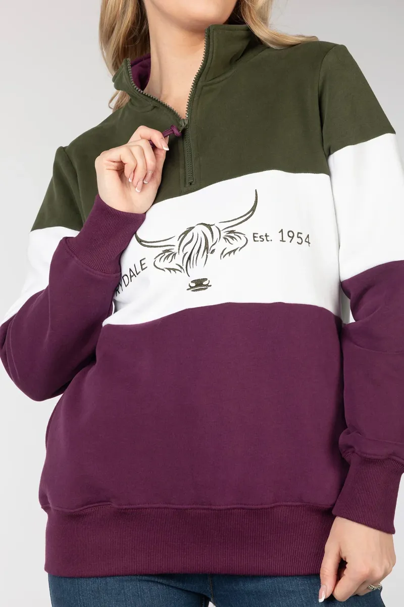 Rydale Ladies Sweatshirt Byland Cow in Olive/White/Berry-5