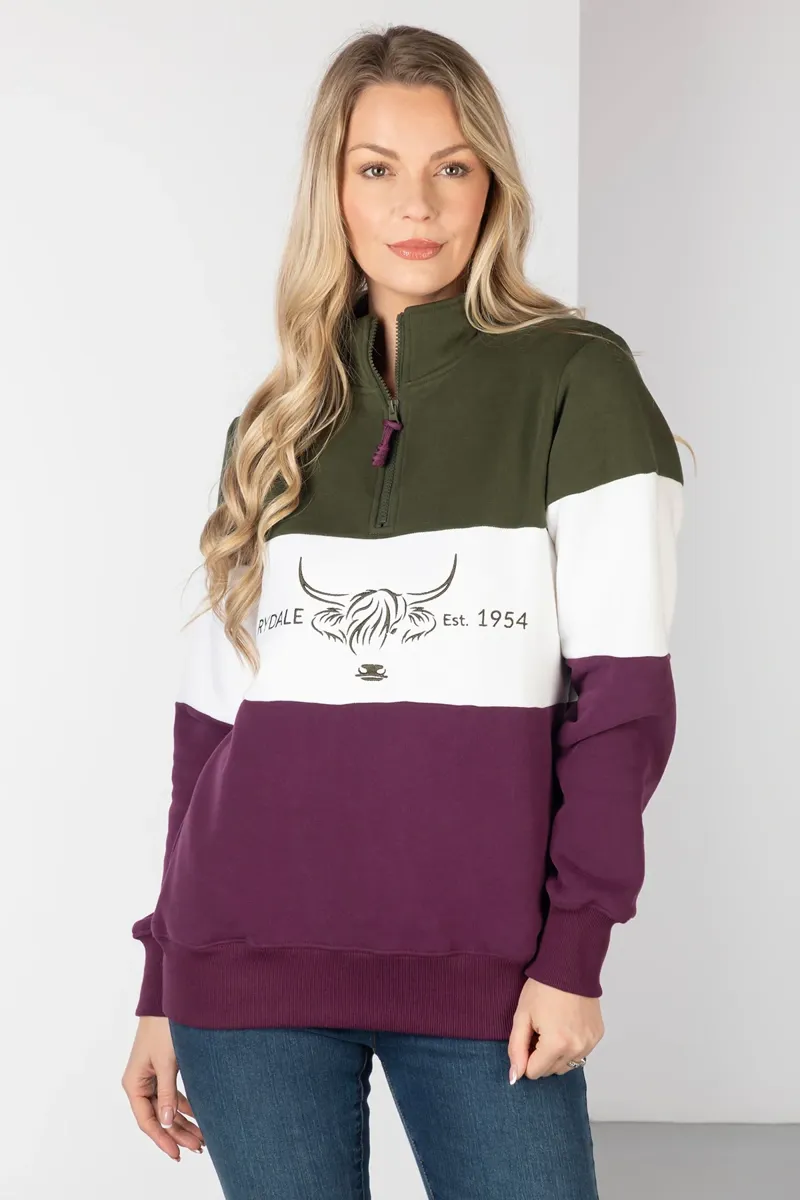 Rydale Ladies Sweatshirt Byland Cow in Olive/White/Berry-2